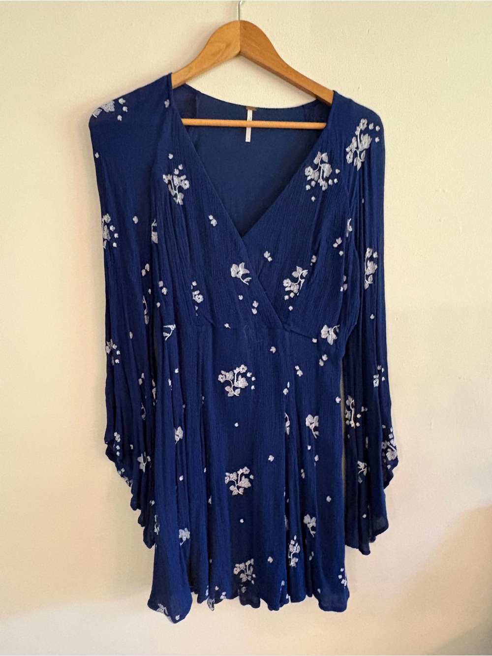 Free People Navy Blue Floral Wrap-Front Long Sleeve Dress